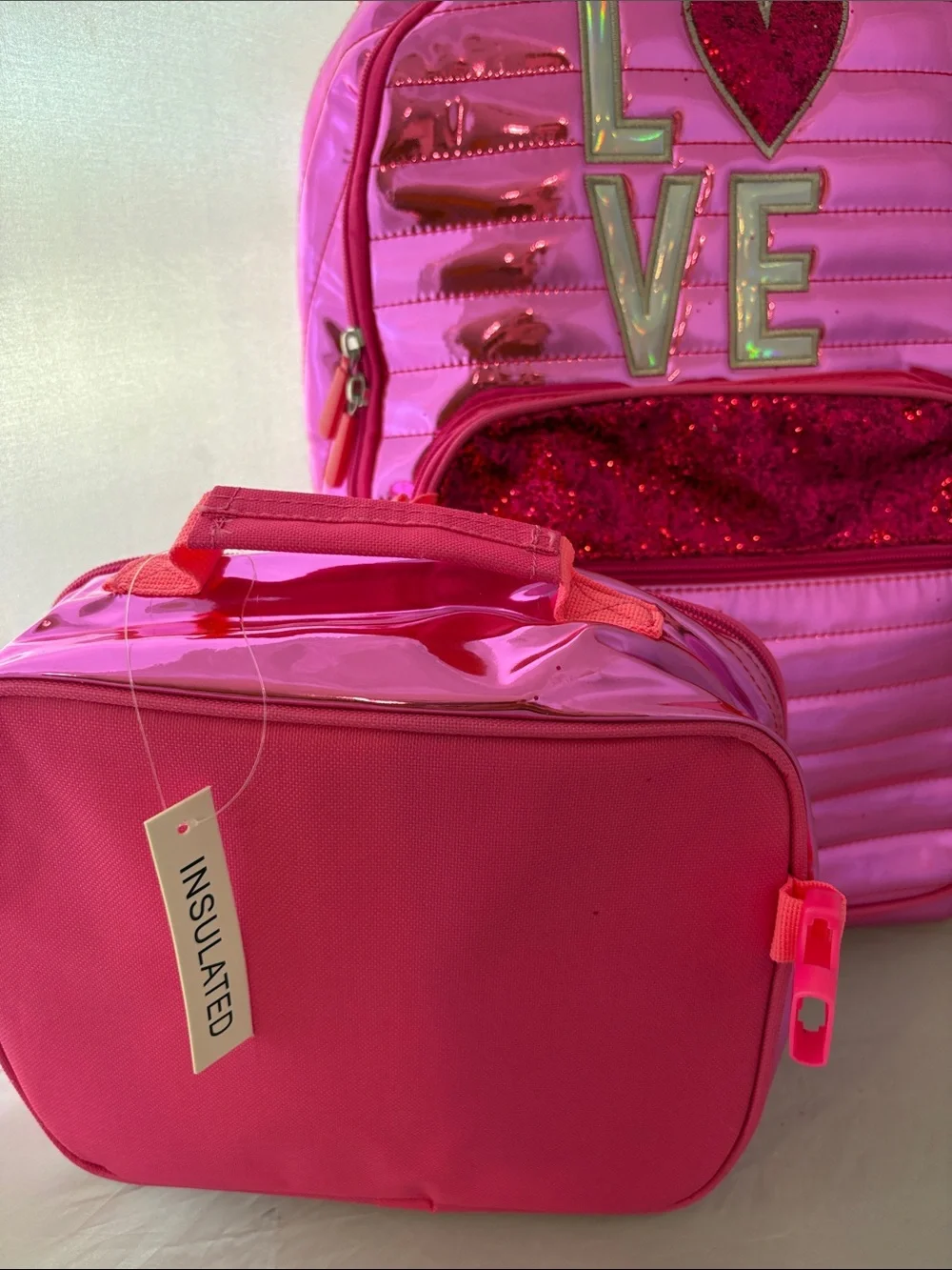 New Beautiful Girls Pink Glitter 'LOVE' Backpack and Lunch Bag Set